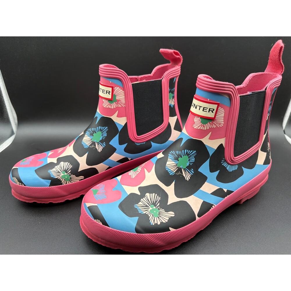 Hunter Chelsea Rain Boots Floral Print Pink Blue Women’s Size 9 Waterproof